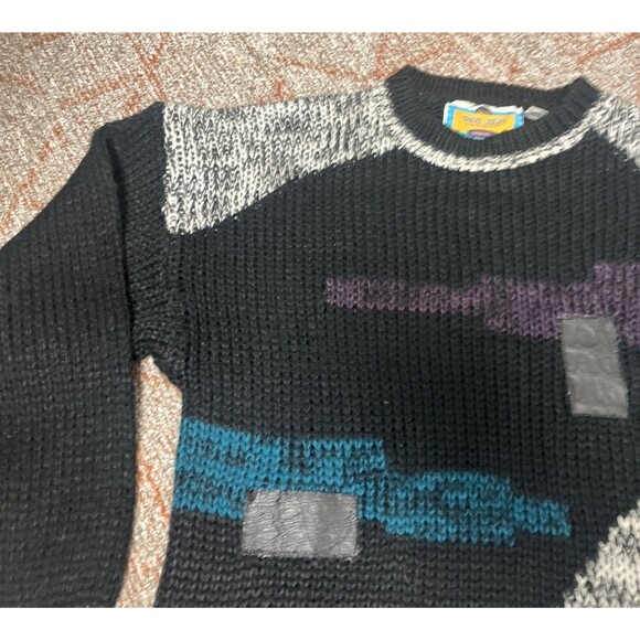 CODE ZERO Men’s Acrylic Geometric 1980’s Sweater Leather Patches Size Large - Picture 7 of 13